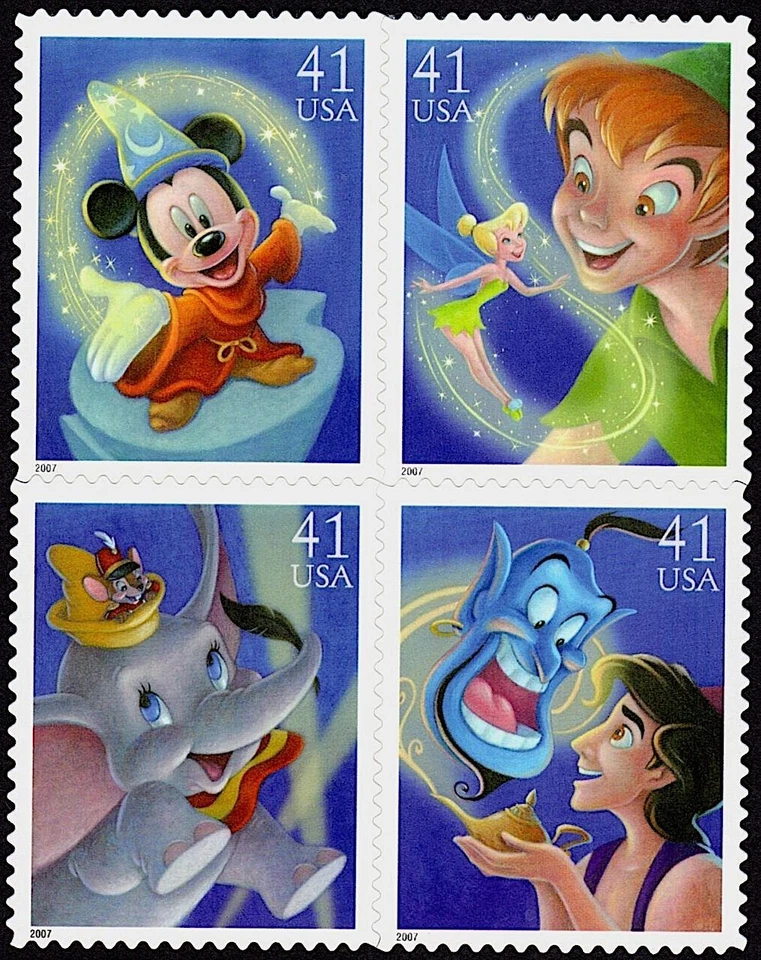 2007 DISNEY MAGIC MNH Block 4 x 41¢ Stamps: #4192-95 Peter Pan, Dumbo, Aladdin - Image 1 of 1