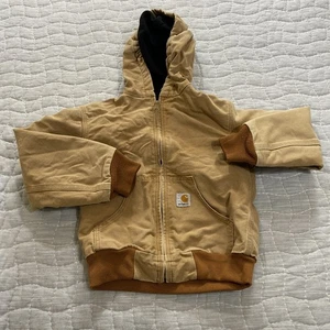 Carhartt Jacket Youth Medium Tan Brown Hooded Full Zip Workwear Canvas Lined - Picture 1 of 9
