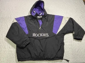 Colorado Rockies MLB Vintage Starter Jacket Size 2XL Black Purple Puffer 90s - Picture 1 of 24