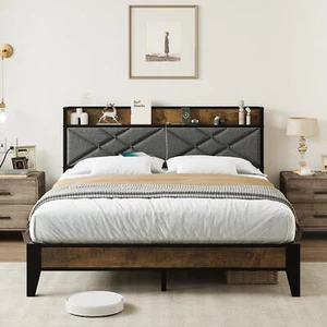 Full Size Bed Frame Metal Platform w/Upholstered Headboard & Charging Station US - Picture 1 of 10