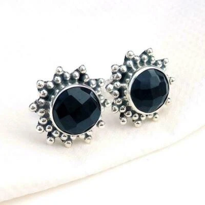 Pendientes hechos a mano con forma redonda de ónix negro 925 de plata de ley ... - Imagen 1 de 3