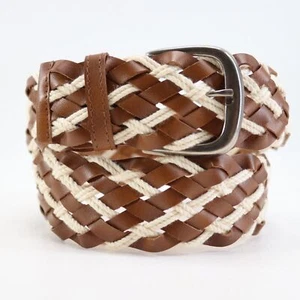 Boho Braided Summer Belt Women M Cream Cotton Brown Faux Leather Silver Tone Adj - Picture 1 of 12