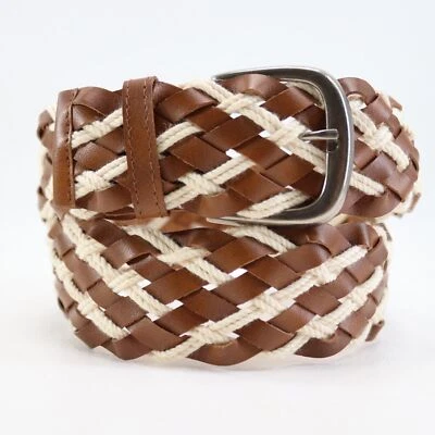 Cinturón de Verano Boho Trenzado Mujer M Crema Algodón Marrón Imitación Cuero Tono Plateado Ajustable Foto 1 de 4