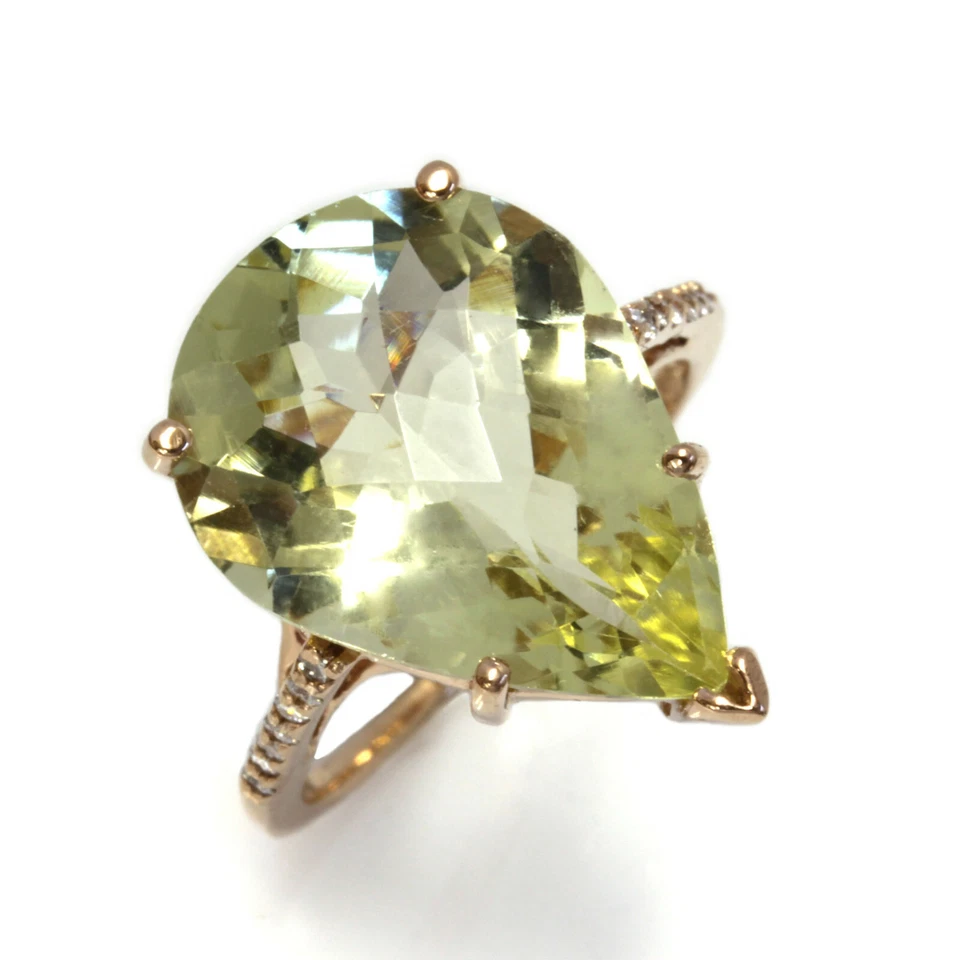 Anillo de cóctel grande de oro rosa de 14 k sólido de cuarzo y diamantes limón natural de 10,15 quilates Foto 1 de 4