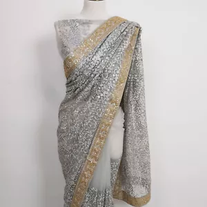 Zarkan indische Designer Sale Saree Bluse feines Netz bestickt grau unbestickt - Bild 1 von 12