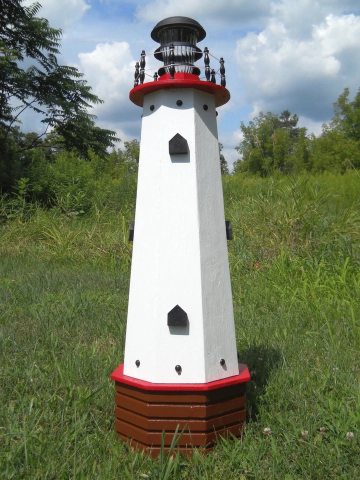 Solar lighthouse wood decorative lawn and garden ornament 3 ft tall red accents - Image 1 of 4