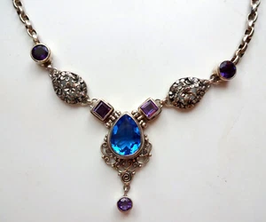 Collar Floral Topacio Azul Amatista Plata Esterlina Estilo Art Deco Victoriano De Colección - Imagen 1 de 12