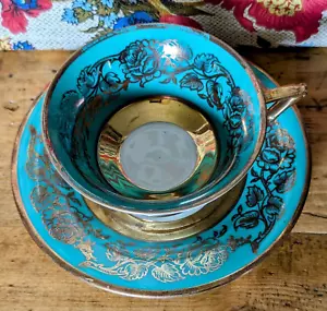 Vtg 1930 Eschenbach Bavaria Germany Turquoise & Gold Demitasse Tea Cup & Saucer - Picture 1 of 11