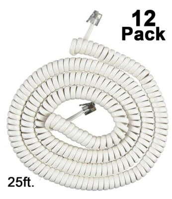12-PACK NEW 25Ft White Long Handset Cord Landline Phone Generic Receiver Curly - Image 1 of 2