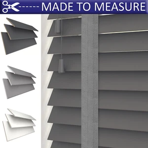 CUSTOM MADE TO MEASURE PREMIUM REAL WOOD VENETIAN BLINDS GREY WHITE TAPE - Picture 1 of 5