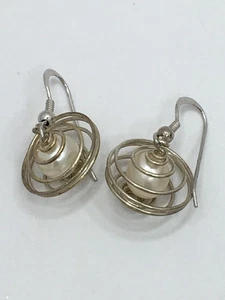Vintage Sterling Silver 925 Dangle Earrings Pearls Spiral Cage 3cm Drop   J7 P32 - Picture 1 of 9
