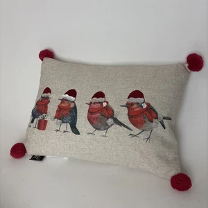 Birds with Santa Hats Throw Pillow Woven Fabric Texture Natural Holiday Decor - Picture 1 of 12