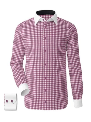 Camisas a cuadros magenta para hombre cuello business manga larga 100 % algodón Foto 1 de 4