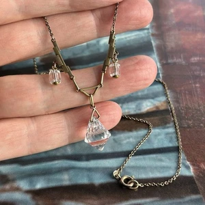 Art Deco Clear Glass Crystal Drop Festoon Lavalier Lavaliere Necklace Signed - Picture 1 of 11