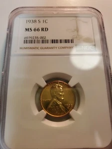 ⭐️ 1938-S LINCOLN CENT 1C NGC MS 66 RD 🔥 Fire Red Color UNCIRCULATED Coin - Picture 1 of 4