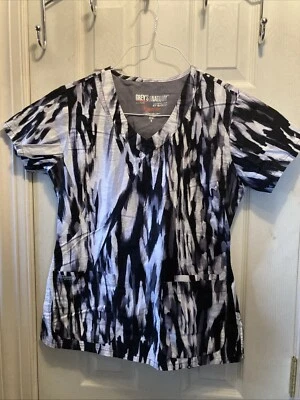 Greys Anatomy Signature Cotton Rayon Black/Gray/White 2138 Scrub Top SZ Small  - Image 1 of 4