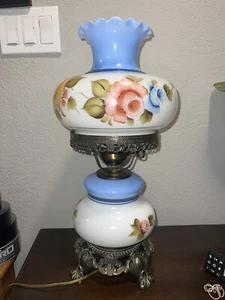 Vintage Hand Painted Milk Glass Blue Pink Yellow Roses Floral Hurricane Table La - Picture 1 of 11