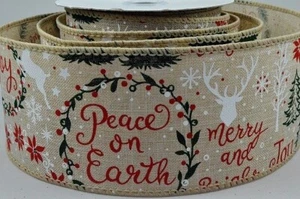 Wired Edge Xmas Ribbon Natural Xmas Message/Reindeers 63mm Wide Per Metre - Picture 1 of 2