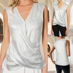 Women Solid V-Neck Pleated Sleeveless Vest Tank Tops Holiday Party Tunic Tee - Picture 1 of 19