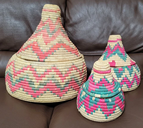 Vintage Saudi Arabian Bedouin Lidded Gourd Shaped Tribal Nesting BASKET Set of 3 Cover
