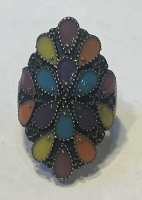 Brass Gold Tone Statement Ring Multicolored Peacock Feathers Lacquer 7 Vintage - Image 1 of 4