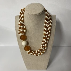 Vintage Cream & Swirled Amber Colored Hard Plastic Beaded Necklace - Picture 1 of 6