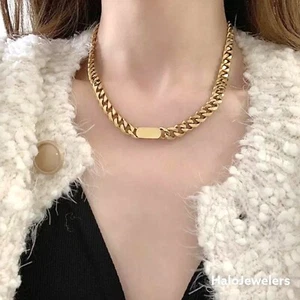 18k Gold Plated Waterproof Thick Cuban Chain Necklace with a Rectangle Pendant - Picture 1 of 9