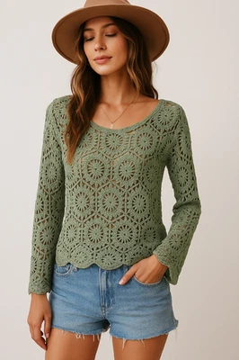 Blusa Campesina Boho Sage Crochet Tejido Manga Larga 100% Algodón Festival L Foto 1 de 4