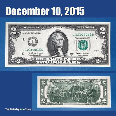 December 10, 2015 Birthday Anniversary $2 Two Dollar Bill Serial Number 12102015 - Image 1 of 2