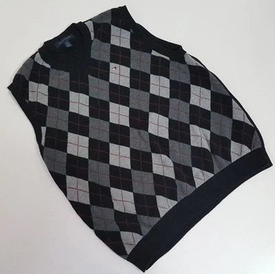 Tommy Hilfiger Argyle Plaid Knit V-Neck Sweater Vest Golf Black Men's Size Large Foto 1 de 4