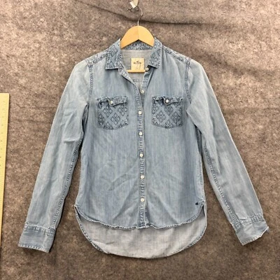 Camisa Hollister Para Mujer XS Azul Cambray Denim Snap Azteca Bolsillos del Suroeste Foto 1 de 4