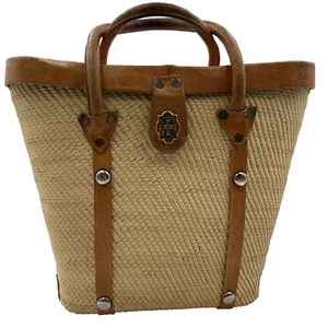 Vintage 60s 70s Woven Straw Tooled Leather Handbag Purse Boho Rockabilly - Picture 1 of 18