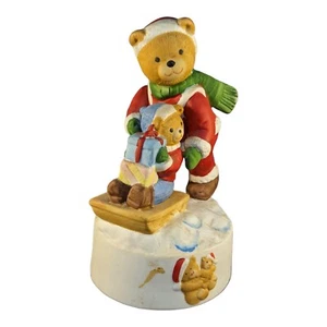 Vtg Music Box Rotating Teddy Bears Christmas Figure Porcelain Santa Cherish Sled - Picture 1 of 8