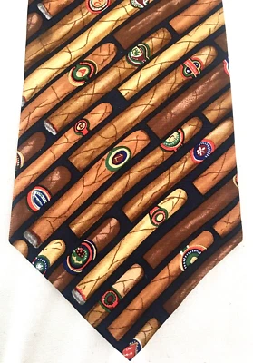 ALYNN Cigars Smoking Tie Brown Gold Silk 'What This Country Needs' Smoking Cuban - Image 1 of 4