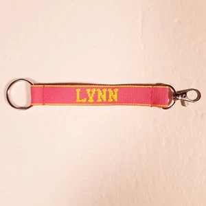 LYNN Embroidered Name Strap Key Ring Keychain with Clasp Pink & Yellow - Picture 1 of 9