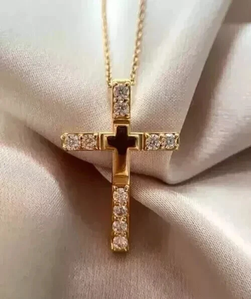 Colgante Cruz Mujer Moissanita 2 Ct Chapado en Oro Amarillo 14K Corte Redondo Foto 1 de 4