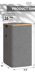 Baleine Laundry Hamper w Lid NEW Tall 26 gallon Bamboo Handels Collaapsible Gray - Picture 1 of 3
