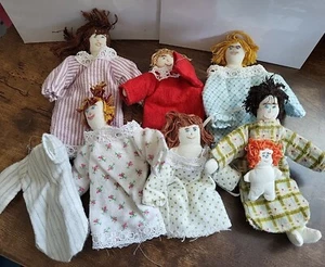 Lot Of 7 Handmade Dolls Plus Clothes Miniature Plush People - Picture 1 of 5