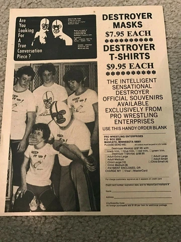 Vtg THE DESTROYER WRESTLING MASK SHIRT Wrestling Print Ad AWA JAPAN DICK BEYER Cover