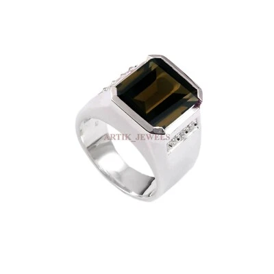 Naturale Fumoso Quarzo Gemma Con 925 Anello Argento Sterling per Uomo #1451 - Immagine 1 di 4