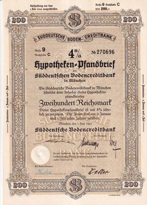 SA37a Germany 1941 Sueddeutsche Boden-Creditbank 4% Mortgage for 200 M document - Image 1 of 4