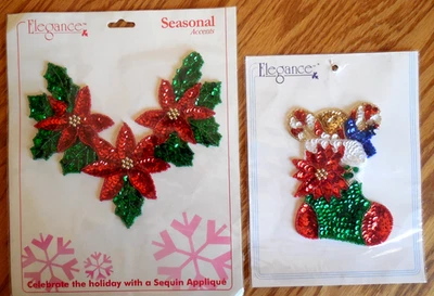 NUEVO Lote de 2 Apliques de Lentejuelas Vintage Elegancia Acentos de Temporada Poinsettia*Bota Foto 1 de 2