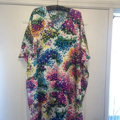 VINTAGE 60s 70s Psychedelic Floral Kaftan Muumuu Maxi Dress Handmade Side Pocket - Image 1 of 4