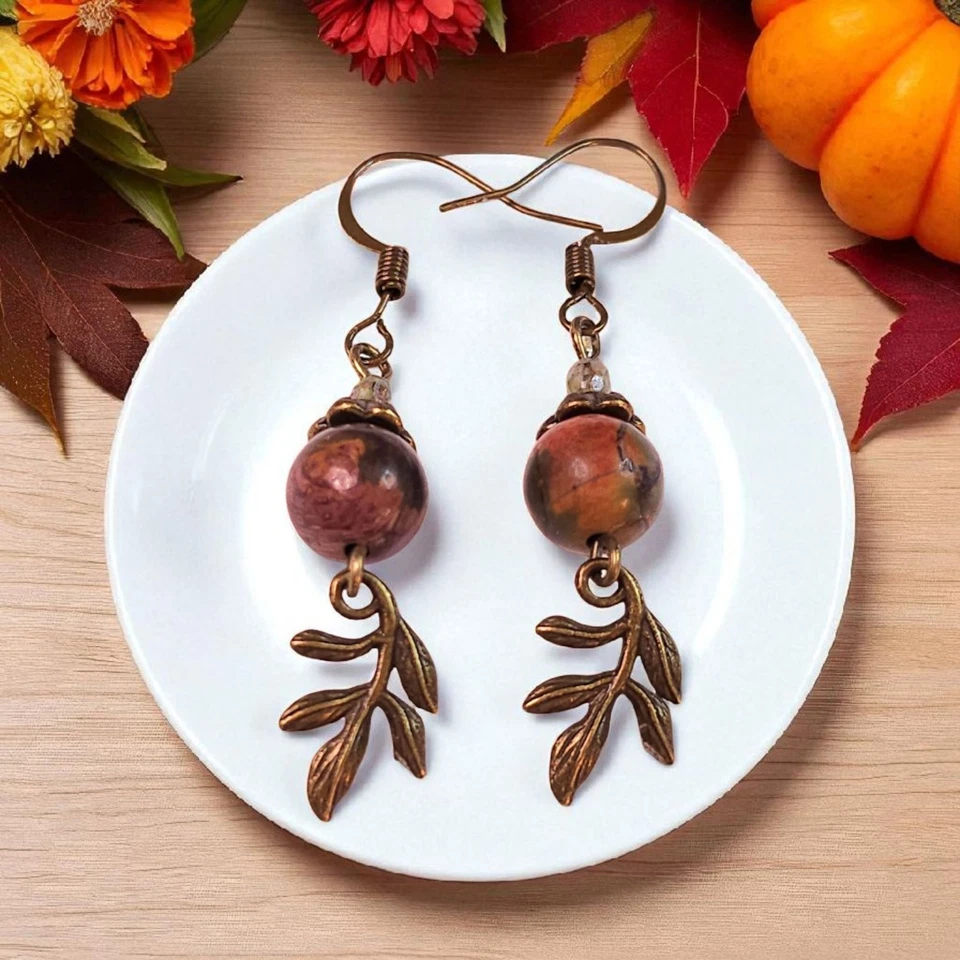 Pendientes Hoja Otoño Picasso Jaspe Gemas Antiguo Bronce Cuelga Hecho a Mano Foto 1 de 4