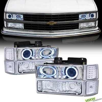 Farol projetor halo LED cromado + para-choque + lâmpada de canto Yd para 94-00 Chevy C10 Ck - Imagem 1 de 2