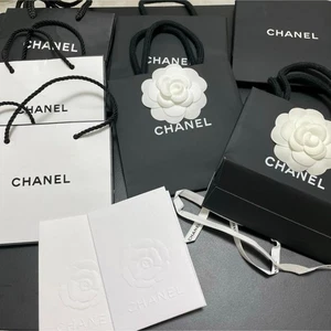 7-piece of CHANEL black White paper Shopping tote Bags w/Camelli Authentic - Picture 1 of 6