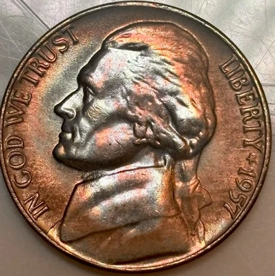 1957-P- RAINBOW TONED UNCIRCULATED JEFFERSON NICKEL - Image 1 of 3