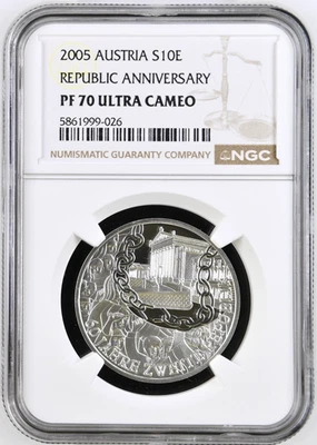 2005 Austria 10 Euros Second Republic Anniversary Silver Coin NGC PF7 0UC - Image 1 of 4