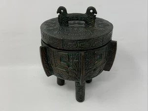 Vintage James Mont style Bronze Mayan Design Ice Bucket Green 3 Leg 6” X 5” - Picture 1 of 12