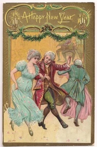 Vintage Postcard HAPPY NEW YEAR Colonial/Victorian Dancing Celebration 1900's - Picture 1 of 2